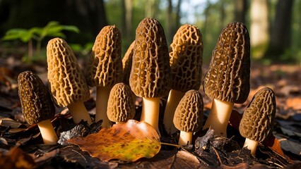 Morel mushrooms growing in forest floor.