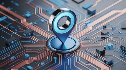 A modern 3d rendering showcasing a detailed circuit board design with a prominent location pin symbolizing digital location and connectivity
