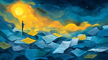 An individual stands among floating papers under a bright sun, contemplating documents in a surreal, dreamlike ocean of information overload.
