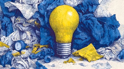 An illuminated light bulb rests among crumpled paper and discarded objects, symbolizing inspiration amidst chaos and creative process.