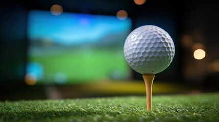 A golf ball is perched on a tee, set against a blurred background of a virtual golf course, showcasing modern indoor golfing.