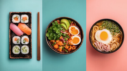 Food Bowls with Chopsticks on Pink Blue