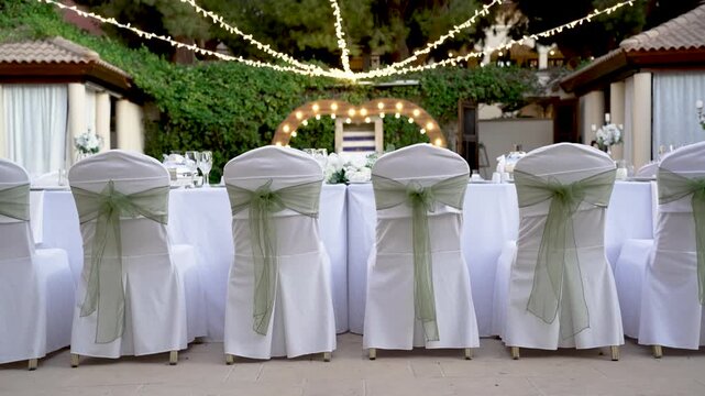 A lovely outdoor wedding setting shows white chairs with green sashes around a table. The area is lit with string lights, creating a festive atmosphere for guests.
