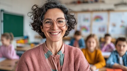 A cheerful teacher smiles at the camera, surrounded by attentive students in a colorful classroom setting.