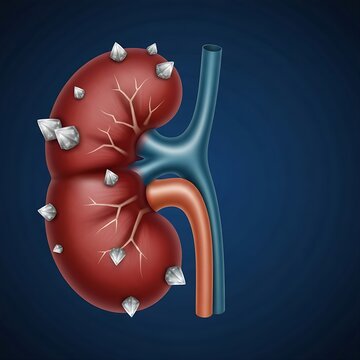 human kidney featuring jagged crystalline calcifications and surface fissures, symbolizing kidney stones and renal failure, isolated on a deep 