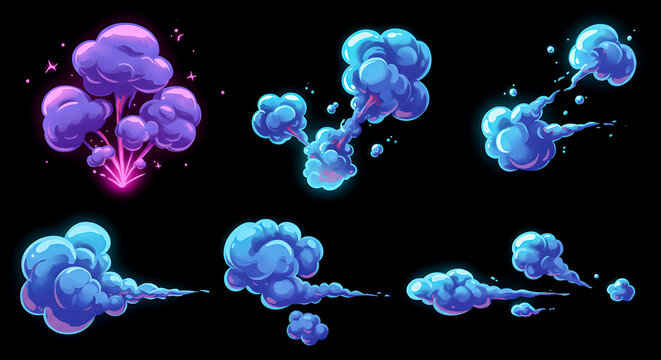 Collection of vibrant purple smoke clouds and explosions on transparent background, 22011.JPG reference, ideal for graphic designs and illustrations