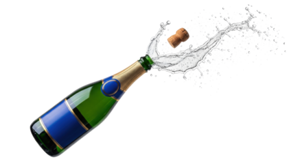 Green champagne bottle with blue label, gold foil, brown cork popping, effervescent liquid splashing on transparent isolated background, celebration and triumph concept