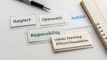 Obraz premium Values and Principles of Respect, Openness, Responsibility, and Justice on a Desk with Notepad and Pen