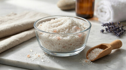 Glass bowl of mineral salts on marble surface with lavender and towel  