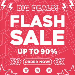 Mega Flash Sale Up To 10-90% Off Big Deals. Ultimate clearance promo banner on red background. Crazy discount vector illustration.