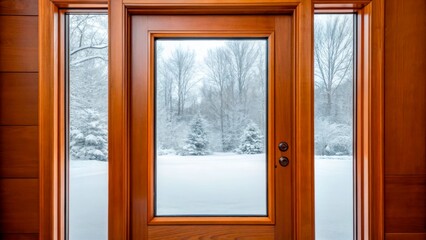Fototapeta premium Snow covers trees outside a wooden door in winter
