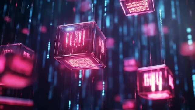 Abstract digital cubes floating with pink and blue light display