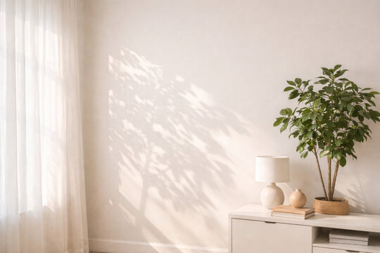 Bright minimalist room with sunlight casting leaf shadows on a white wall and a potted plant on a white cabinet.