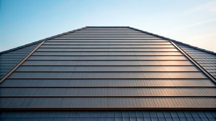 Roof with solar panels under clear sky during early morning light