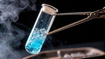 Laboratory experiment with test tube and blue solution held by tongs
