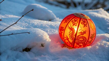 Lantern placed on snow during winter near a garden showing a dragon design