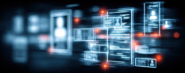 Obraz premium Artificial intelligence powered hiring technology reviewing digital resume data with transparent analytics dashboards showing talent acquisition and HR digital transformation