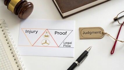 Diagram of Legal Process with Terms Injury, Proof, and Judgment on Desktop with Gavel and Notebook