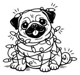 Fototapeta premium Hand drawn line art illustration of a pug dog depicting tangled in christmas lights for holiday celebrations