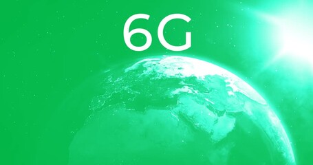 Animation of 6g text over spinning globe and green sun seen from space - Powered by Adobe