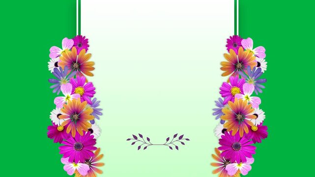 Animation of green card with copy space and flowers on white background