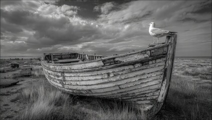 A weathered boat on a beach