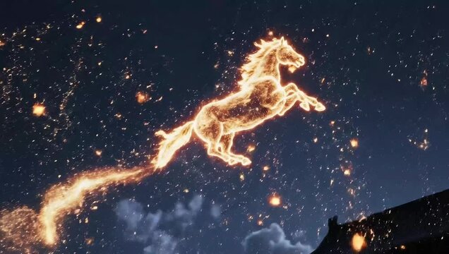 Fiery horse flying through night sky over traditional Chinese temples