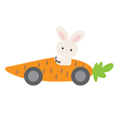Cute Easter bunny in carrot car vector cartoon illustration