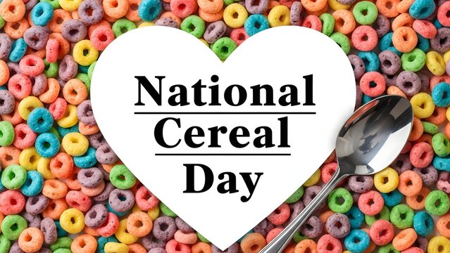 National Cereal Day Greeting Card with Heart Shape Text Box Over Colorful Fruit Loops and Silver Spoon for Breakfast Celebration