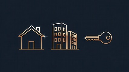 Golden Icons: House, City Buildings, and Key on Dark Background - Real Estate Concept