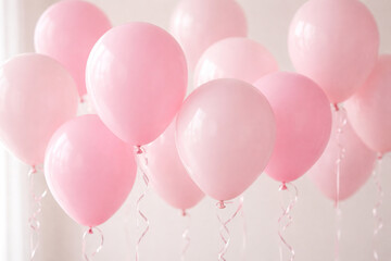 A cluster of light pink balloons floating against a soft, bright background, tied with ribbons.