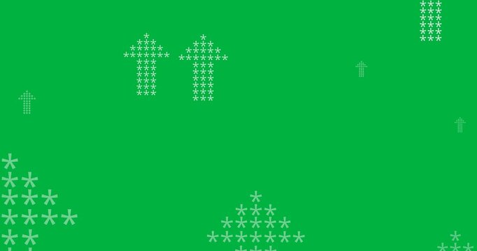 Digital animation of multiple asterisks forming arrow icons floating against black background