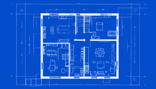 A white-lined schematic floorplan of a building on a blue background, displaying interior details