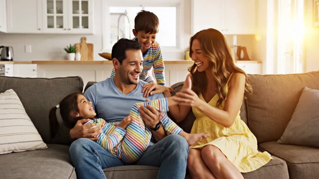 Happy family with two children playing and laughing together on a couch in a bright living room with a kitchen background