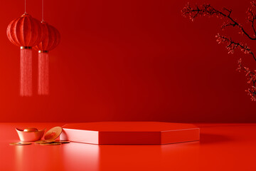 Chinese new year product podium on red background with gold coins.3D rendering
