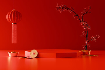 Chinese new year product podium with red background.3D rendering