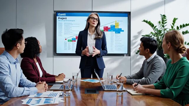 Mature businesswoman leading a diverse team meeting in a modern office, presenting a gantt chart on a large screen