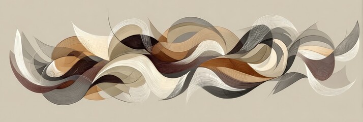 An elegant composition of curved lines in beige, brown, and grey hues over a soft beige background, creating a harmonious and modern aesthetic.