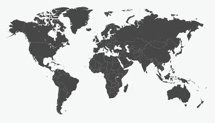 A grayscale depiction of the earth. Outlines mark country borders on a light background