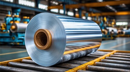 Aluminum foil roll resting on a conveyor in a manufacturing facility during daylight hours