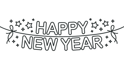 A black and white illustration of a happy new year banner with stars