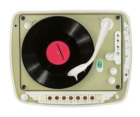 Old vinyl record spinning and plays on old turntable player