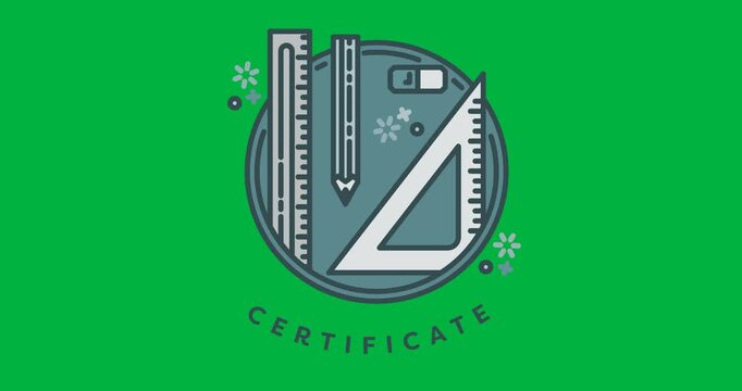 Digital animation of geometry equipment on round banner against black background