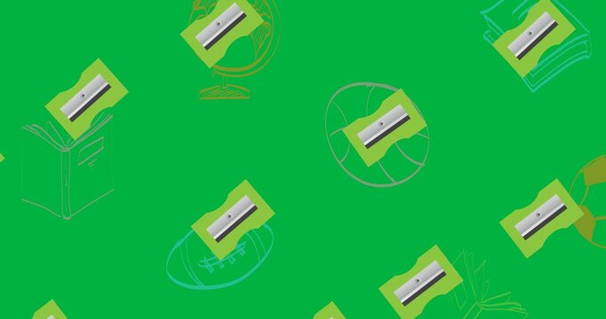 Digital animation of multiple sharpener icons against school concept icons on black background