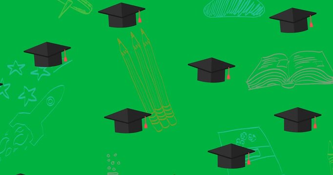 Digital animation of multiple graduation hat icons against school concept icons on black background