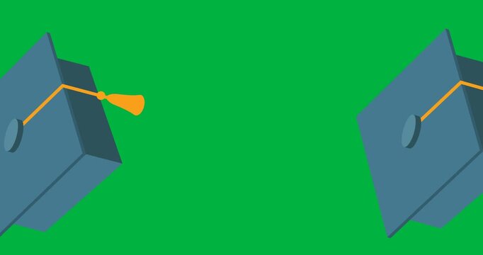 Digital animation of multiple graduation cap icons floating against black background