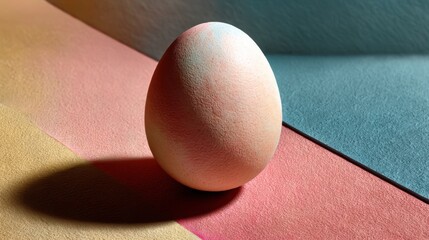 Colorful egg resting on pastel paper in a creative composition for spring decoration or art project