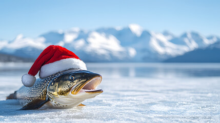 A pike fish wearing a red Christmas hat sits on the ice of a frozen lake against a backdrop of snow-capped mountains, creating a unique winter scene