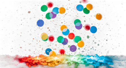 Colorful abstract illustration of floating circles in vibrant hues, creating a dynamic visual effect against a soft gradient background with copy space for design PNG format