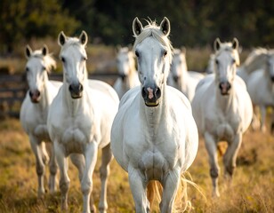 Obraz premium A herd of pure white horses approaching camera in sunlight
